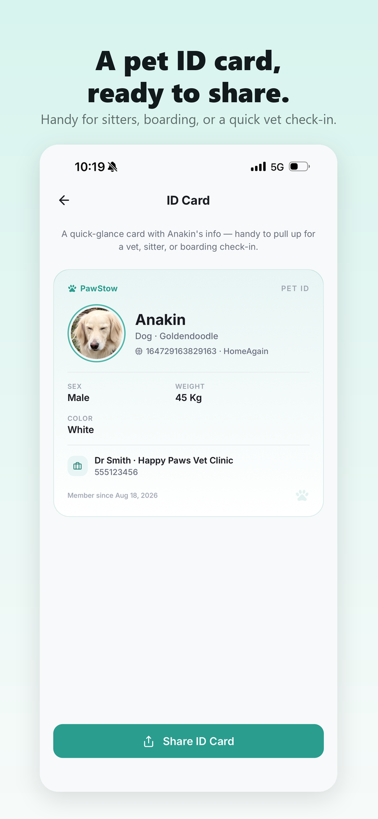 PawStow — A pet ID card, ready to share.