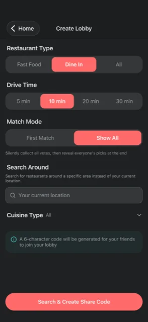 The Where2Eat create-lobby screen, where the host sets restaurant type, drive time and match mode