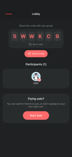 A Where2Eat lobby showing a six-character share code and the Share Invite button