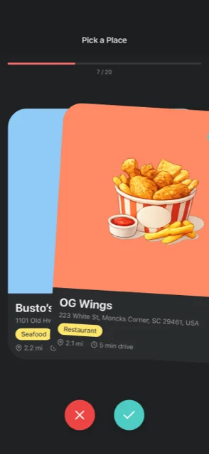 The Where2Eat swipe screen, showing a restaurant card with its category, distance and drive time